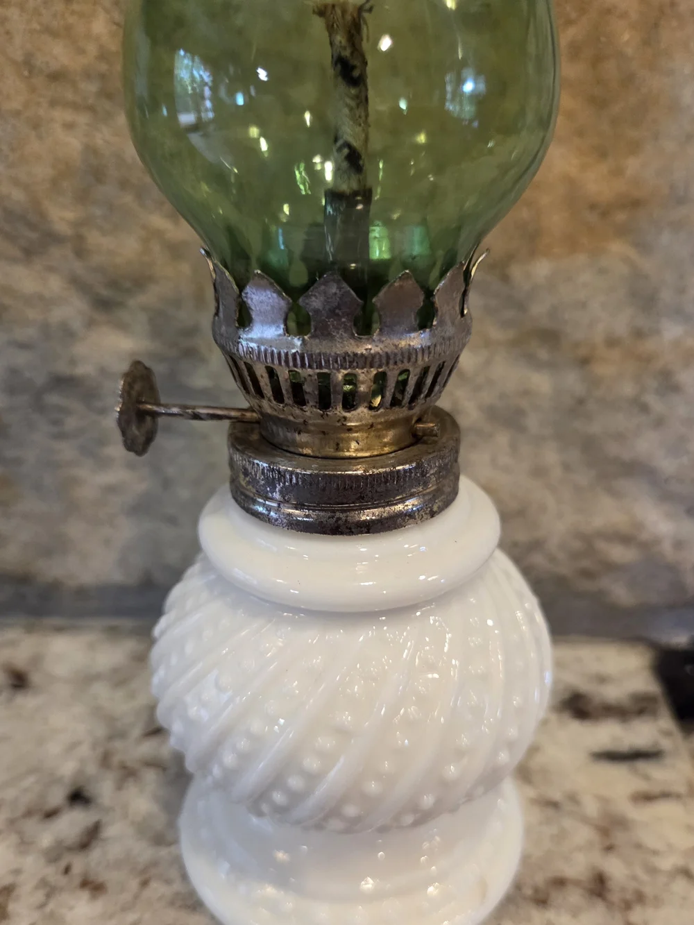 Vintage White Hobnail Milk Glass Mini Oil Lamp w/Fluted Green Glass Chimney